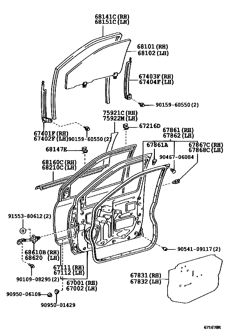 Toyota YARIS 前门板和前门玻璃 EPC diagram — 671678E