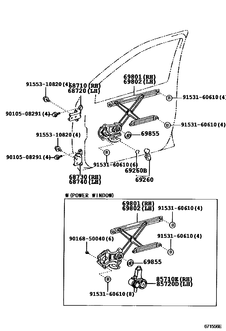 Toyota YARIS 前门车窗升降器和合页 EPC diagram — 671556E