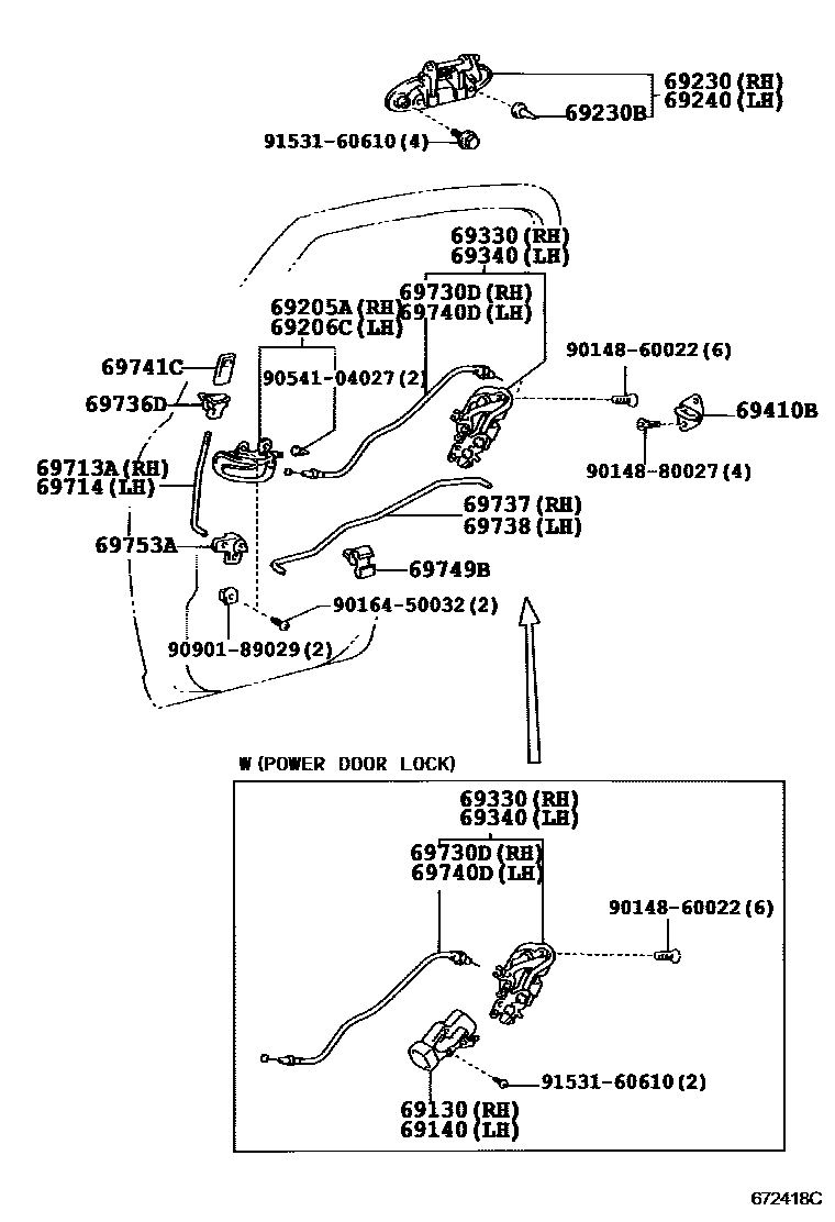Toyota YARIS 后门锁和后门把手 EPC diagram — 672418C