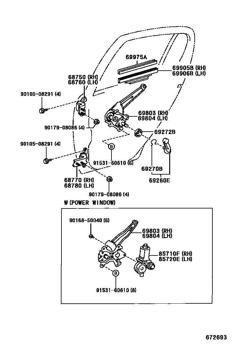 Toyota YARIS 后门车窗升降器和合页 EPC diagram — 672693