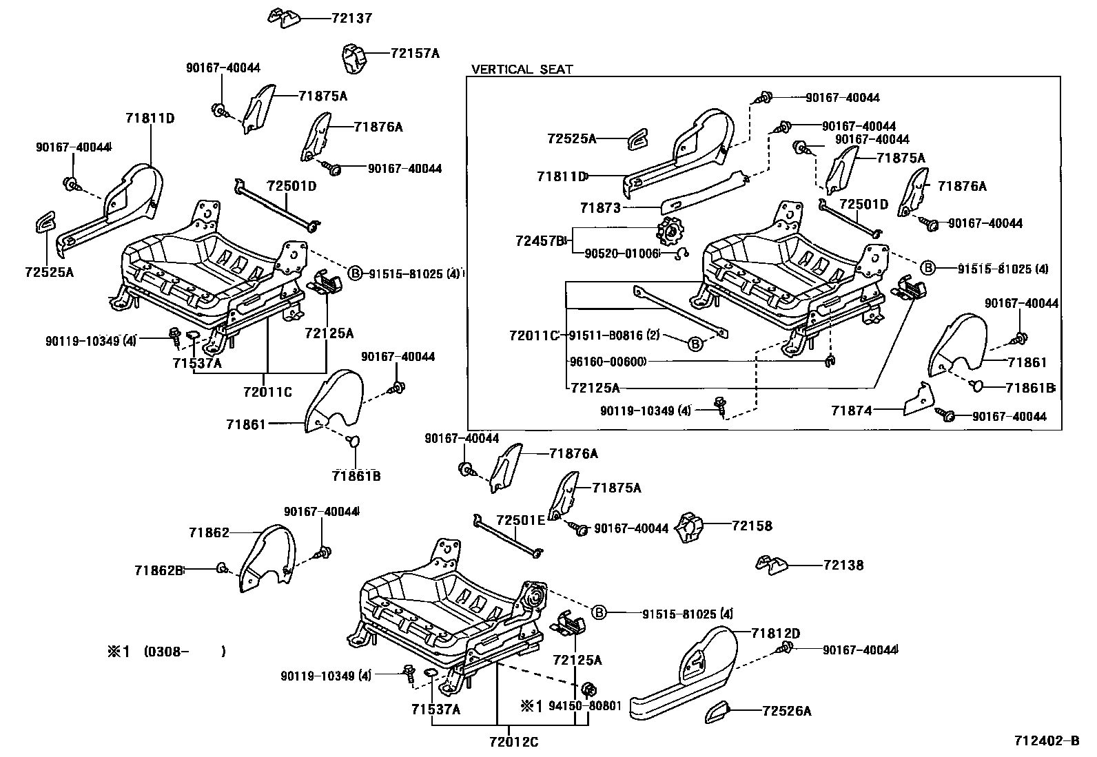 Toyota YARIS 前排座椅和座椅滑轨 EPC diagram — 712402B