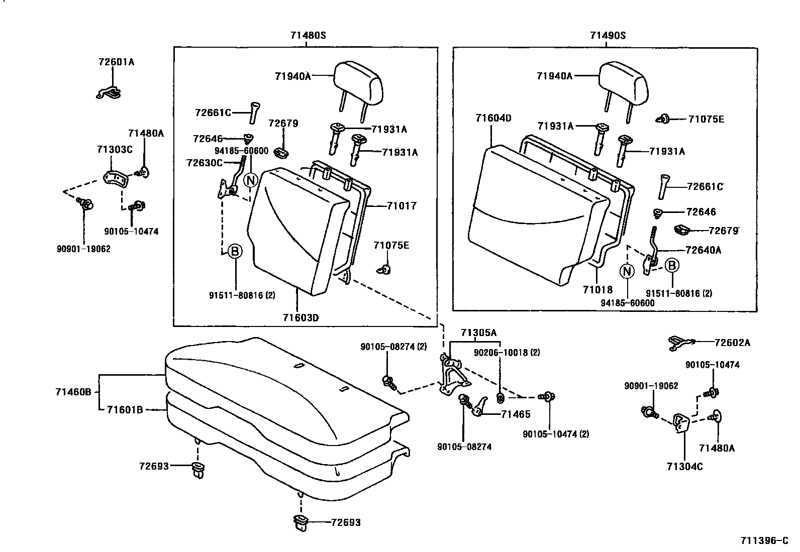 Toyota YARIS 后排座椅和座椅滑轨 EPC diagram — 711396C