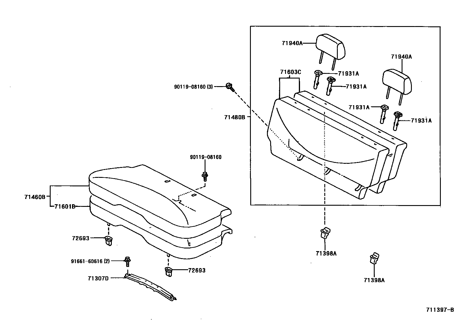 Toyota YARIS 后排座椅和座椅滑轨 EPC diagram — 711397B