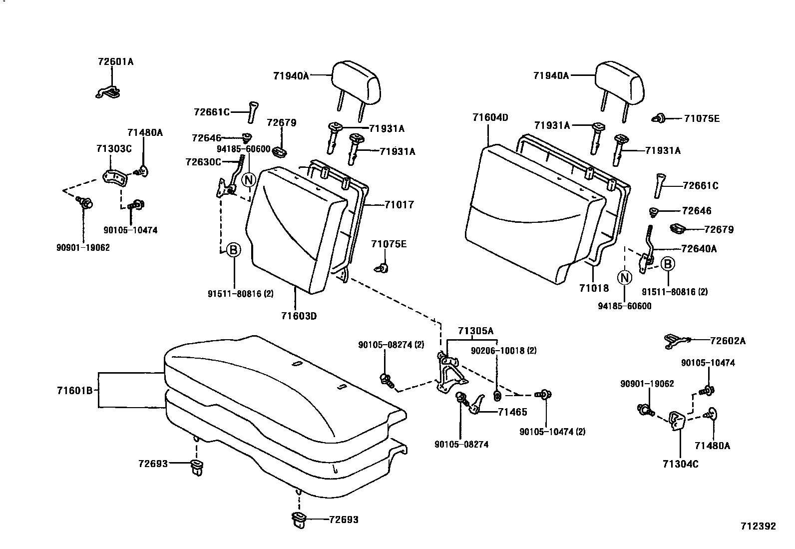 Toyota YARIS 后排座椅和座椅滑轨 EPC diagram — 712392