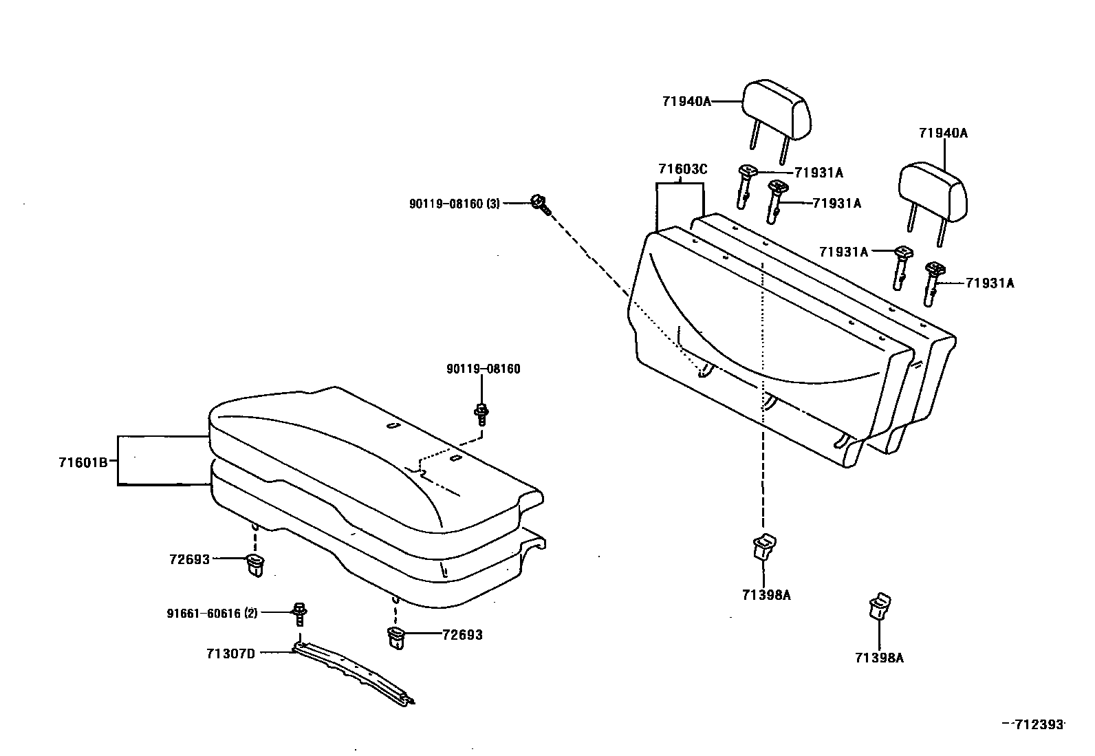 Toyota YARIS 后排座椅和座椅滑轨 EPC diagram — 712393