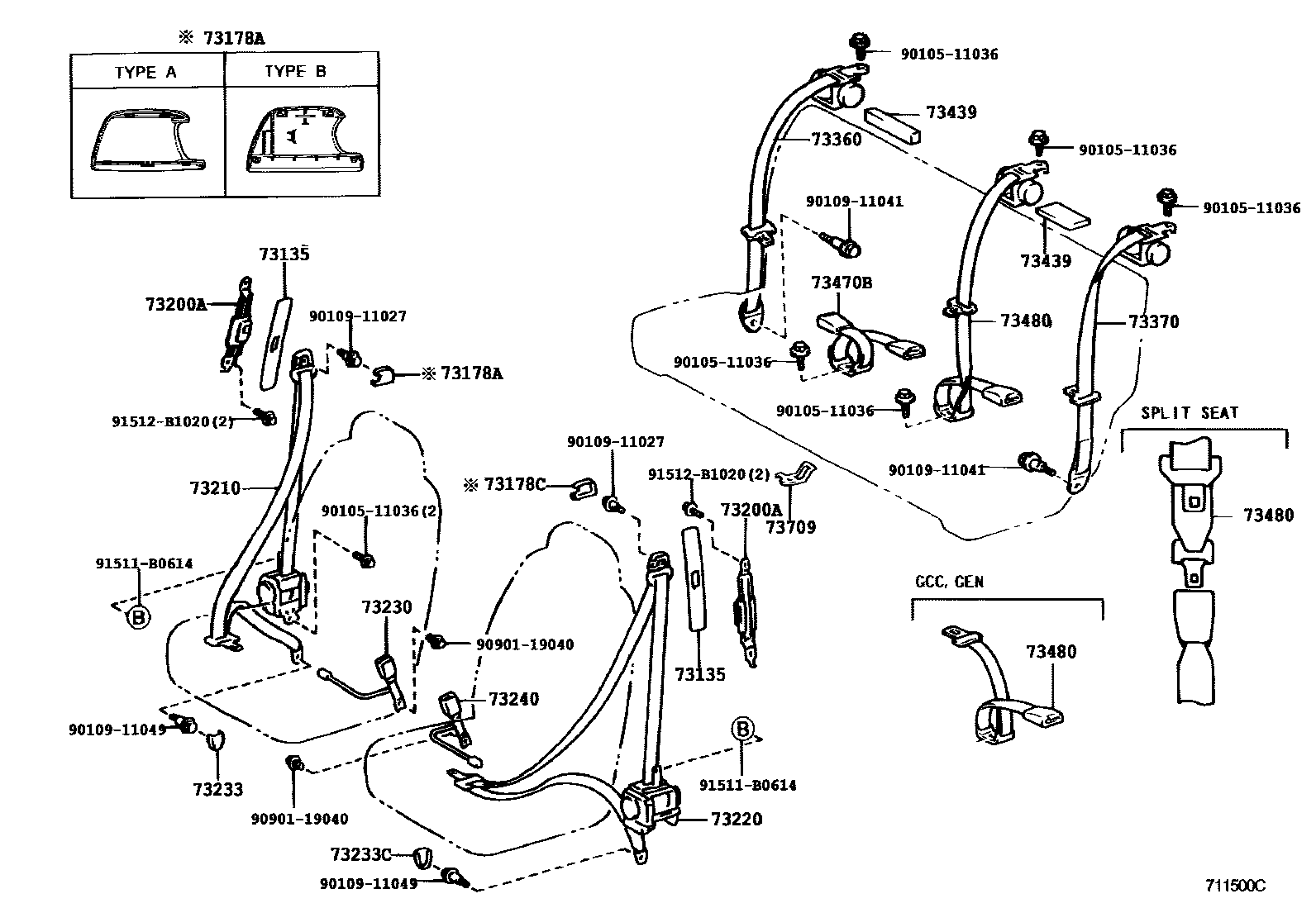 Toyota YARIS 安全带和儿童保护座椅 EPC diagram — 711500C