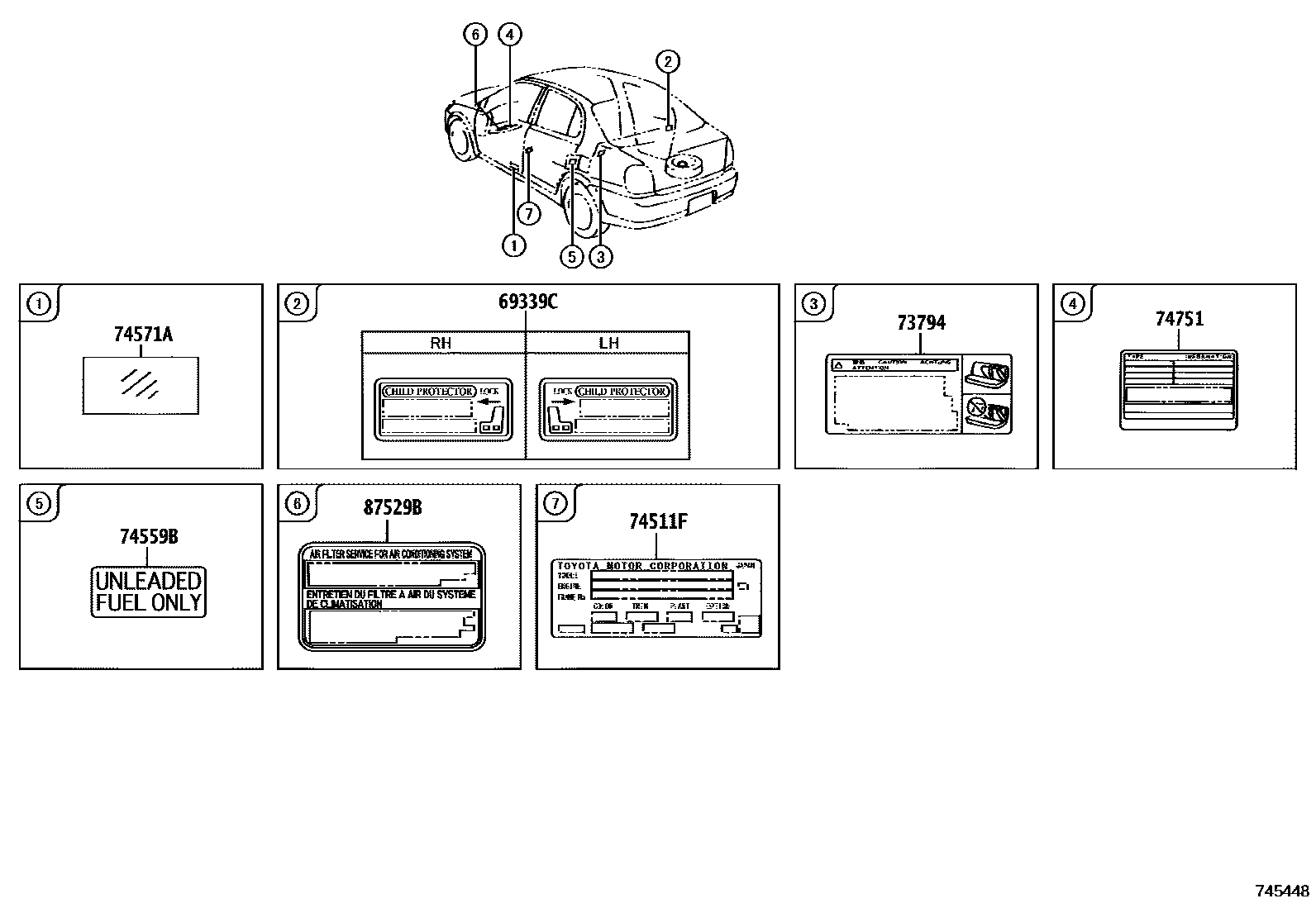 Toyota YARIS 警示铭牌(车外和车内) EPC diagram — 745448