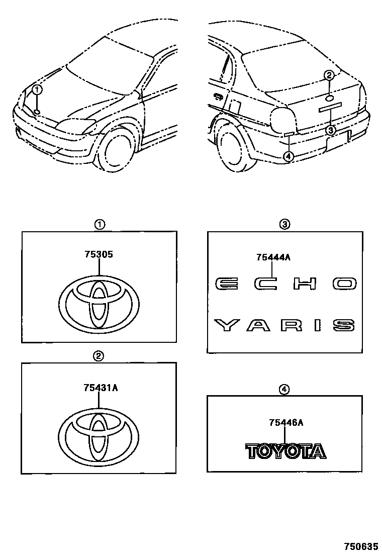 Toyota YARIS 丰田徽标和铭牌(车外和车内) EPC diagram — 750635