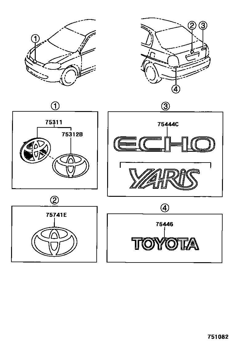 Toyota YARIS 丰田徽标和铭牌(车外和车内) EPC diagram — 751082