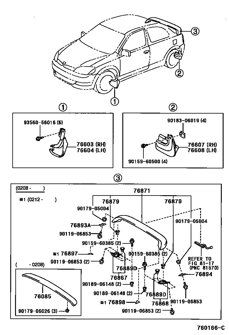 Toyota YARIS 挡泥板和扰流板 EPC diagram — 760166C