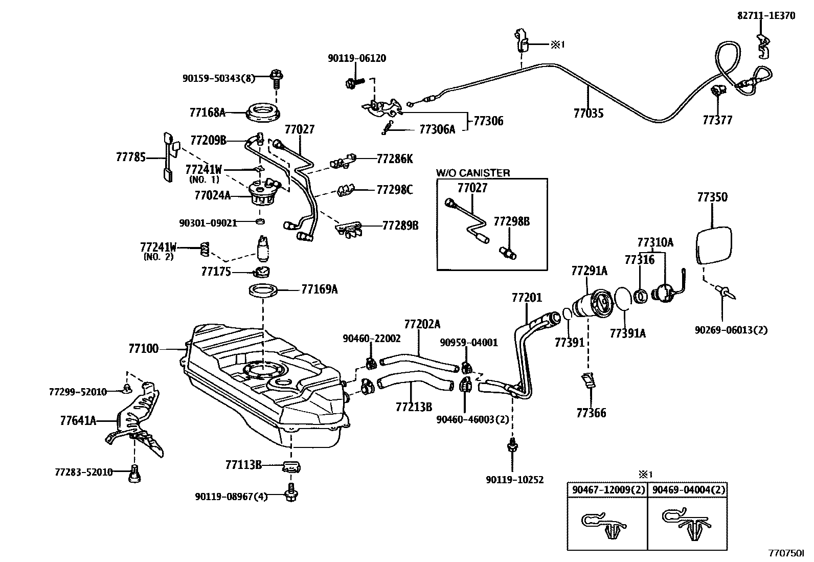 Toyota YARIS 燃油箱和燃油管 EPC diagram — 770750I