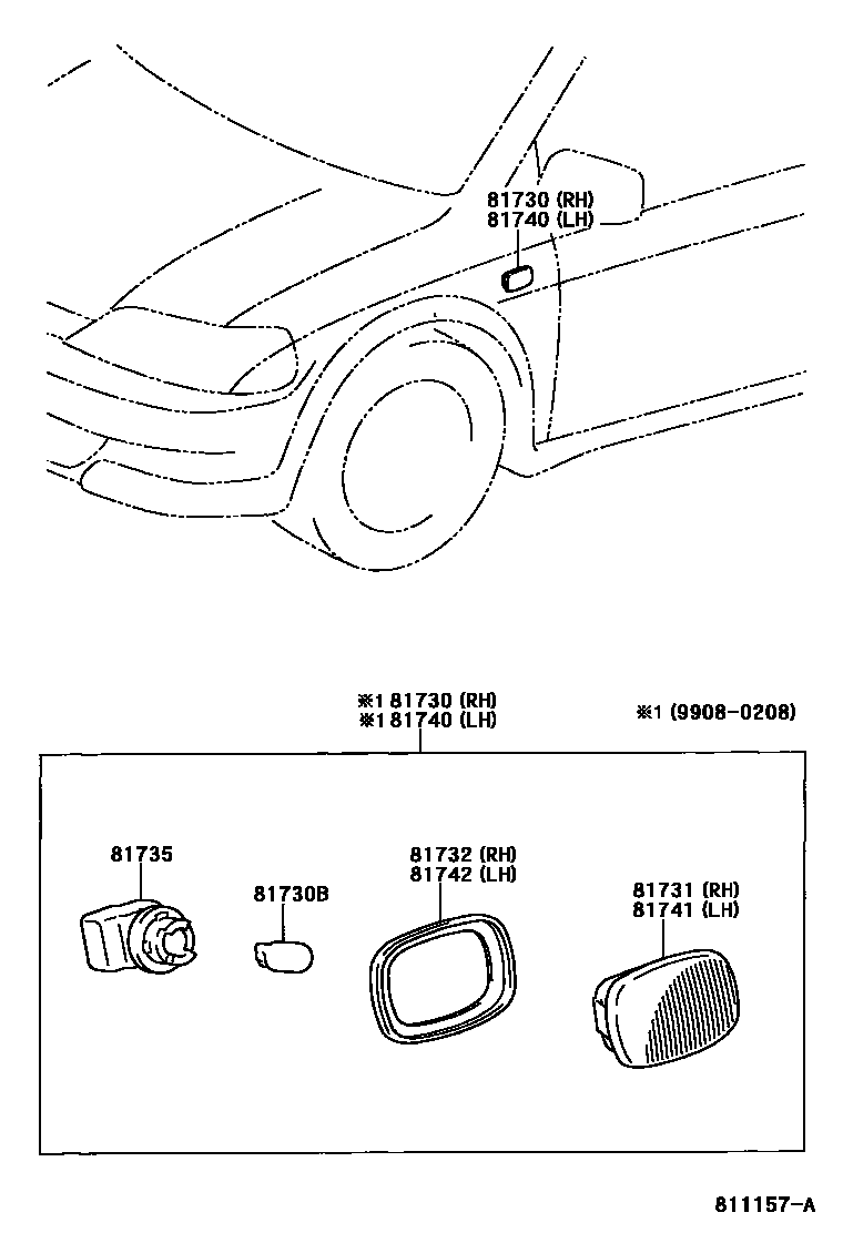 Toyota YARIS Side Turn Signal & Outer Mirror Lamp EPC diagram — 811157A