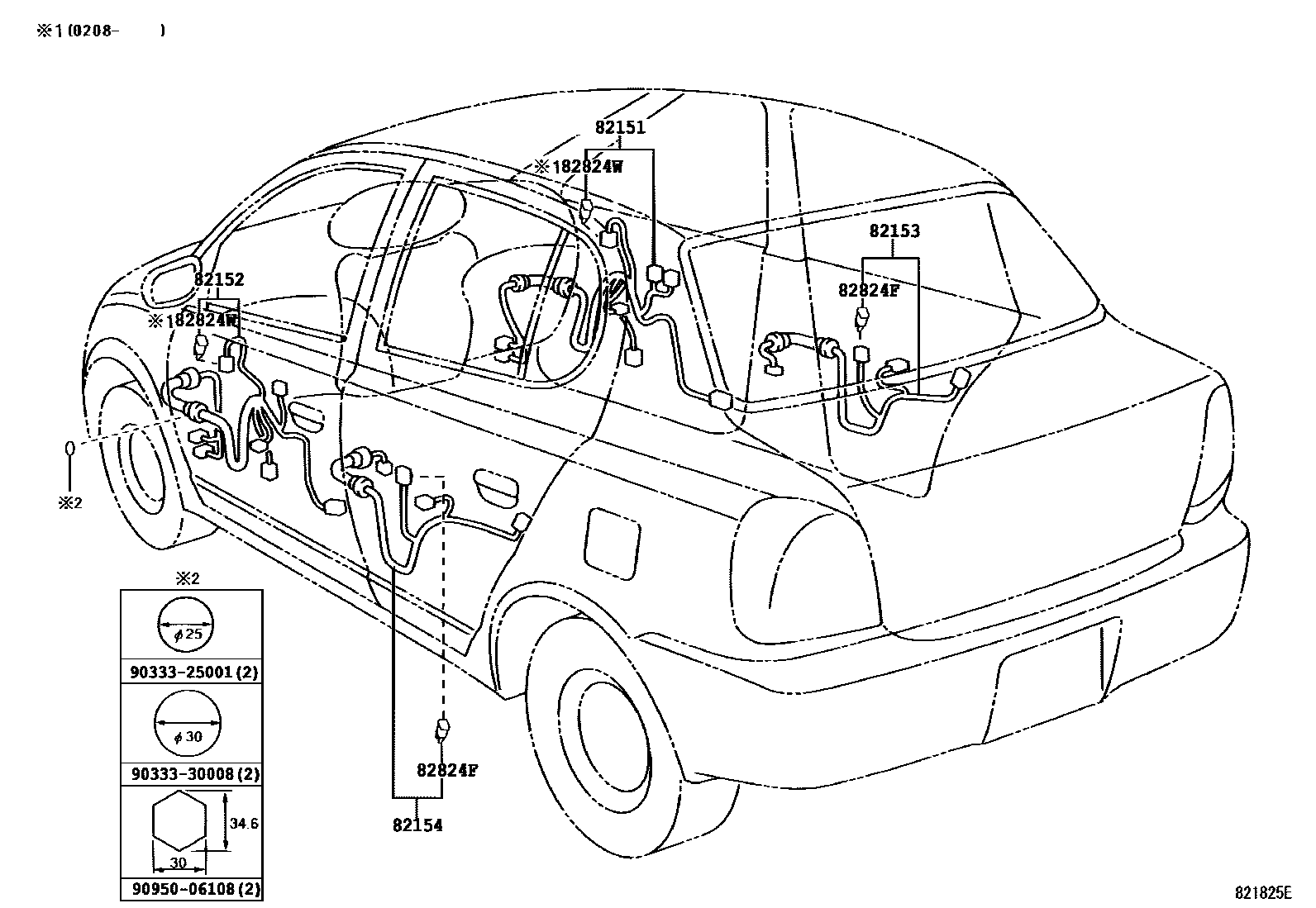 Toyota YARIS 线束和卡夹 EPC diagram — 821825E