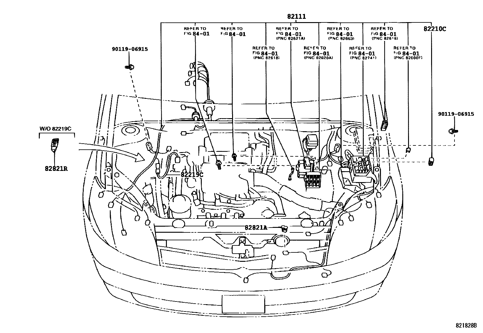 Toyota YARIS 线束和卡夹 EPC diagram — 821828B