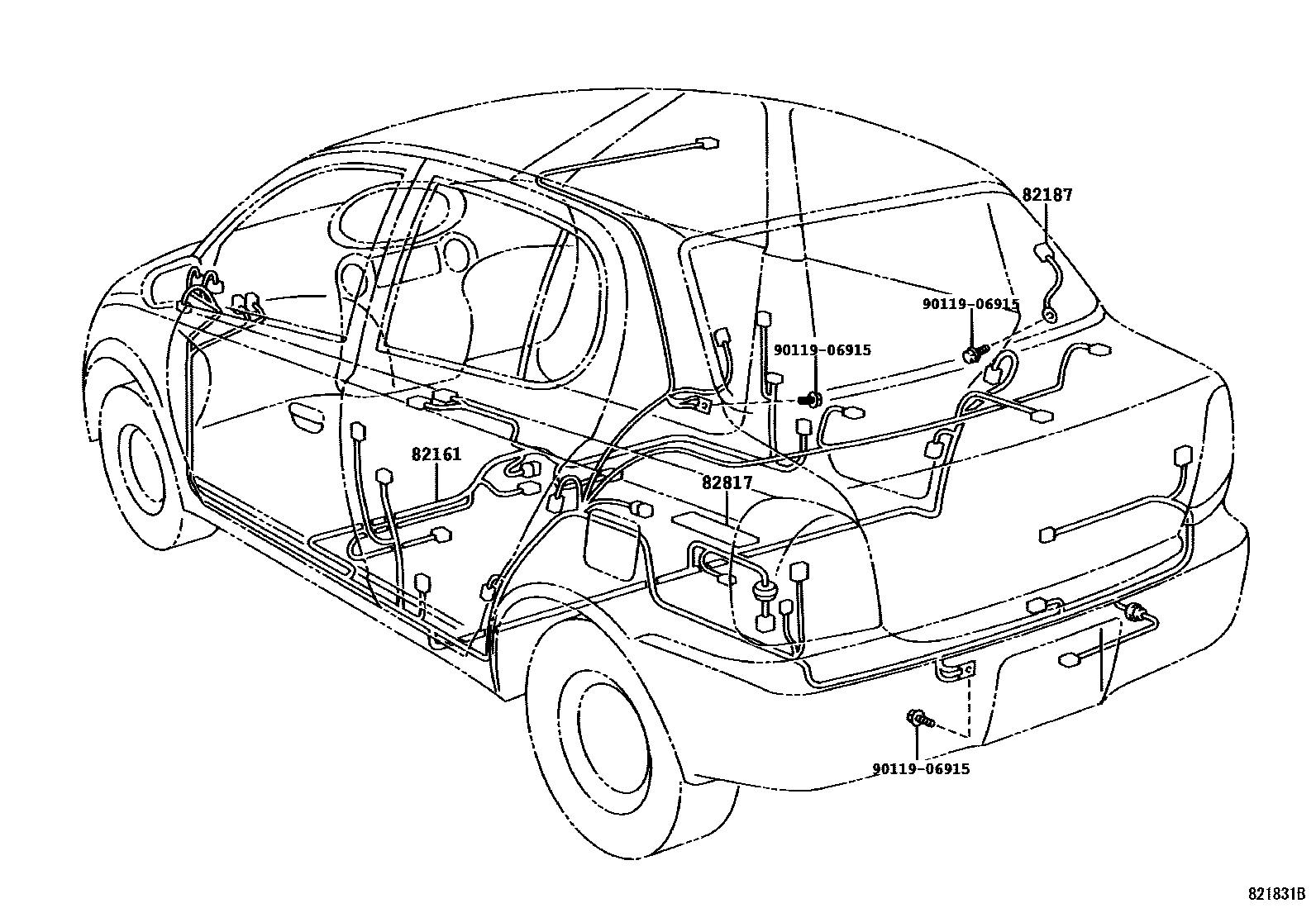 Toyota YARIS 线束和卡夹 EPC diagram — 821831B