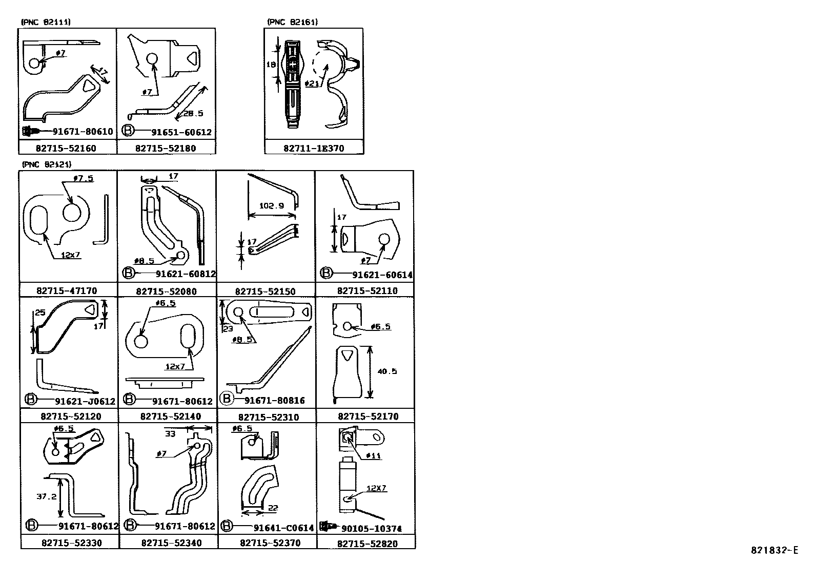 Toyota YARIS 线束和卡夹 EPC diagram — 821832E