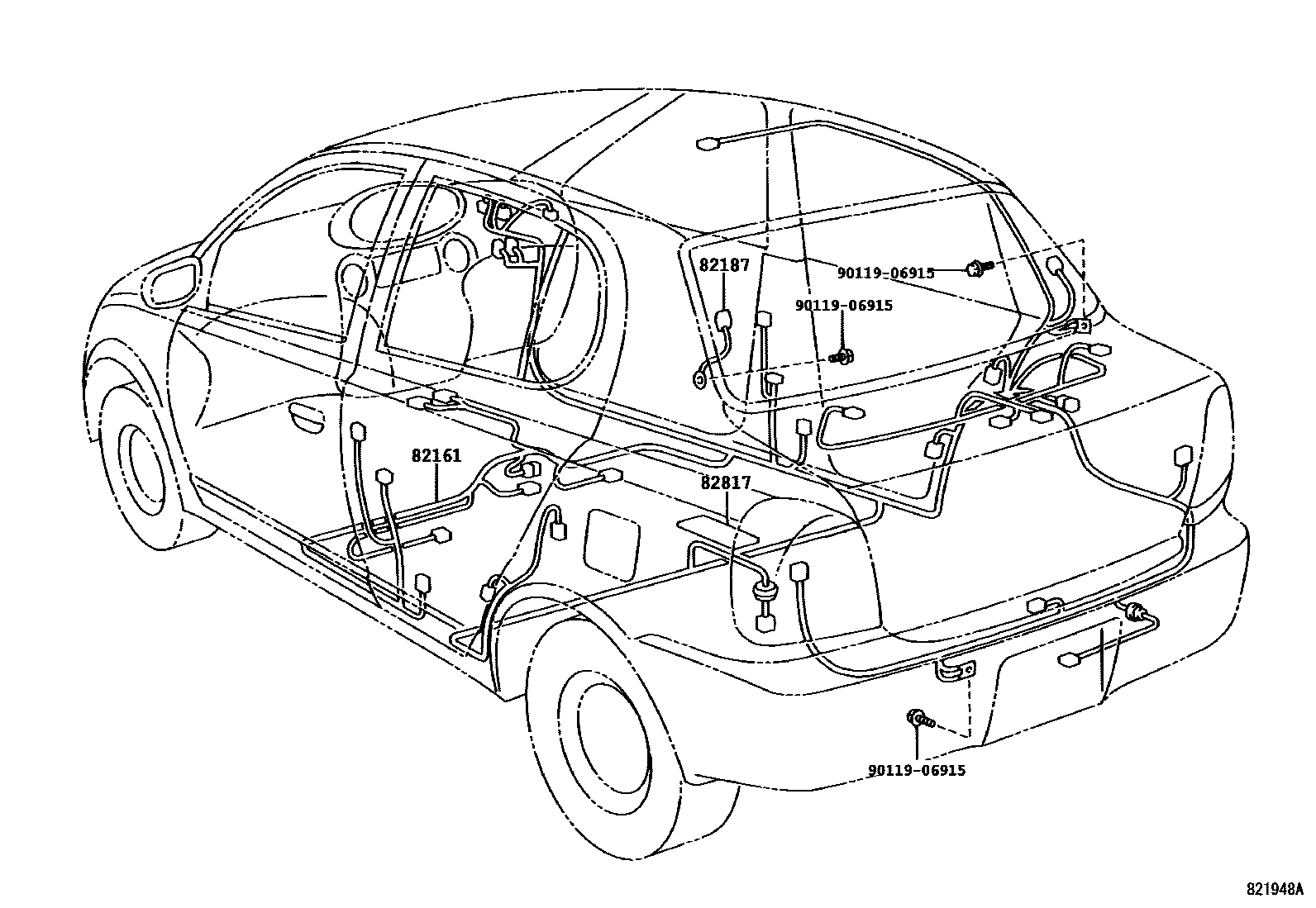 Toyota YARIS 线束和卡夹 EPC diagram — 821948A