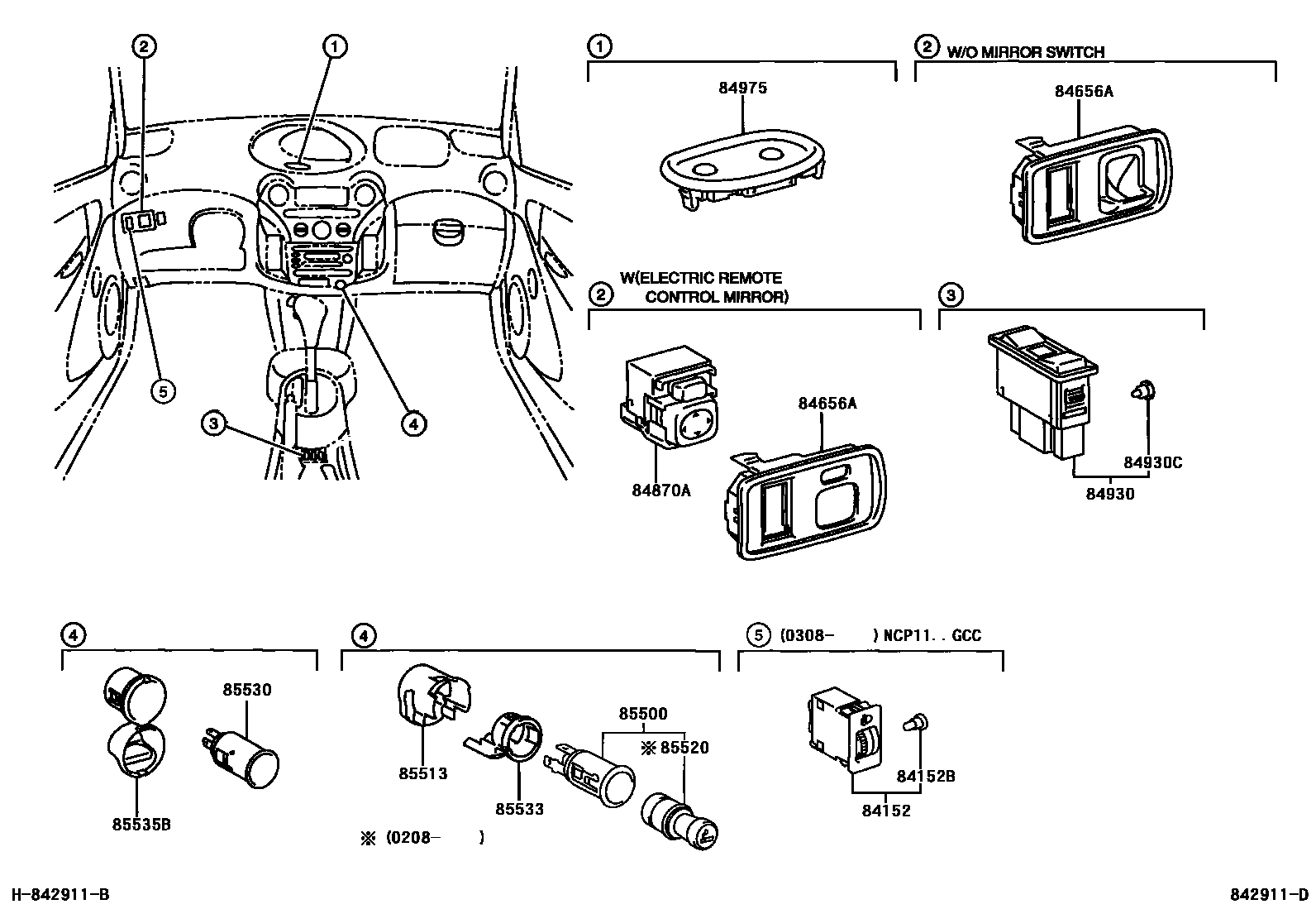 Toyota YARIS 开关和继电器和ECU EPC diagram — 842911D