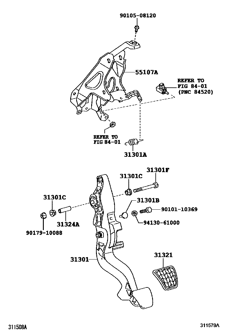 Toyota YARIS 离合器踏板和挠性软管 EPC diagram — 311579A