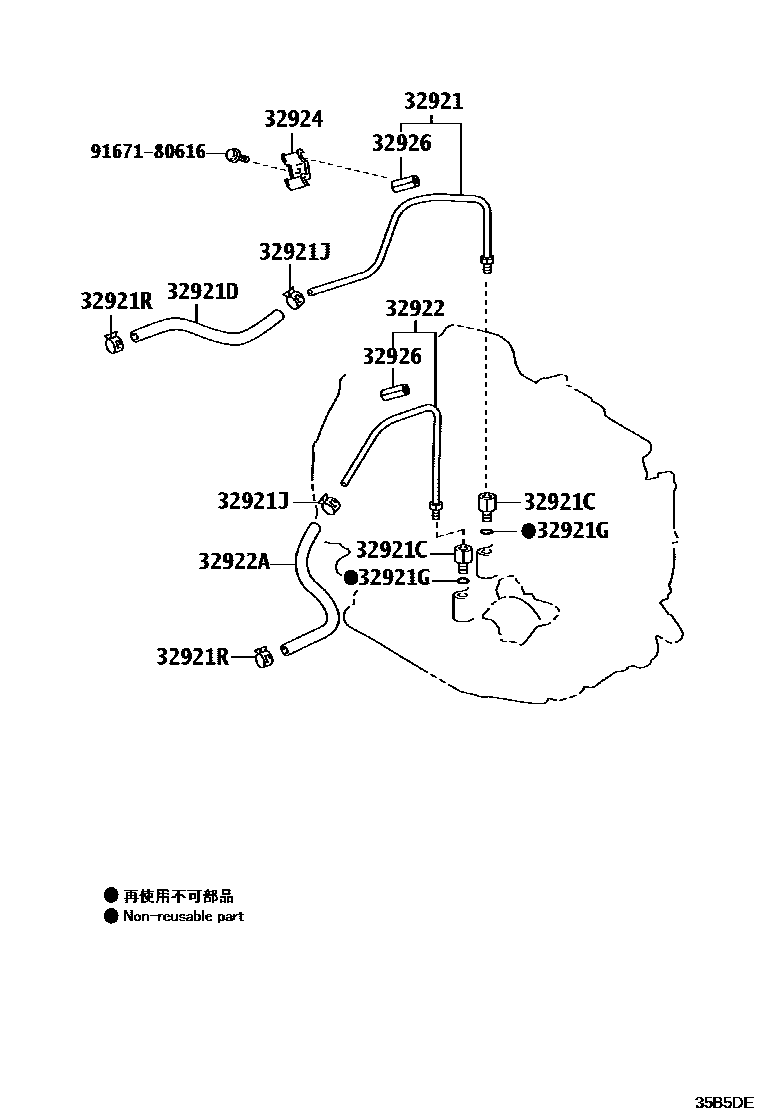 Toyota YARIS 变速器油冷却器和配管(ATM) EPC diagram — 35B5DE