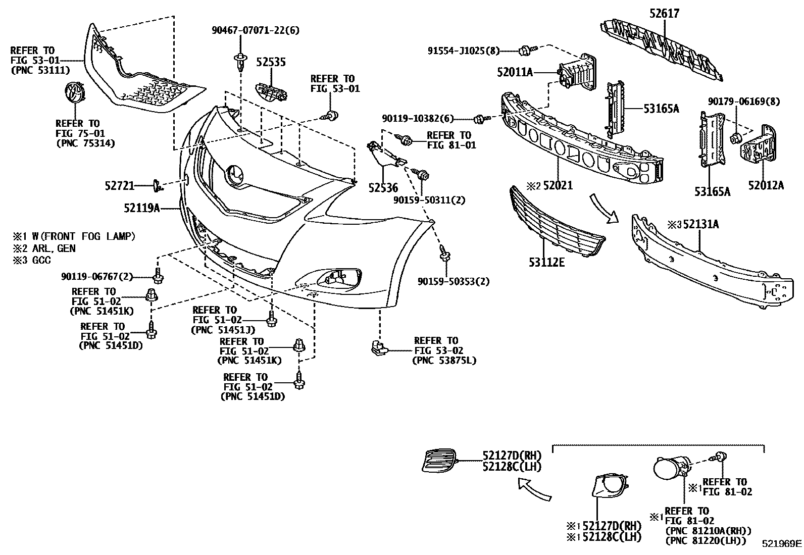 Toyota YARIS 前保险杠及附件 EPC diagram — 521969E