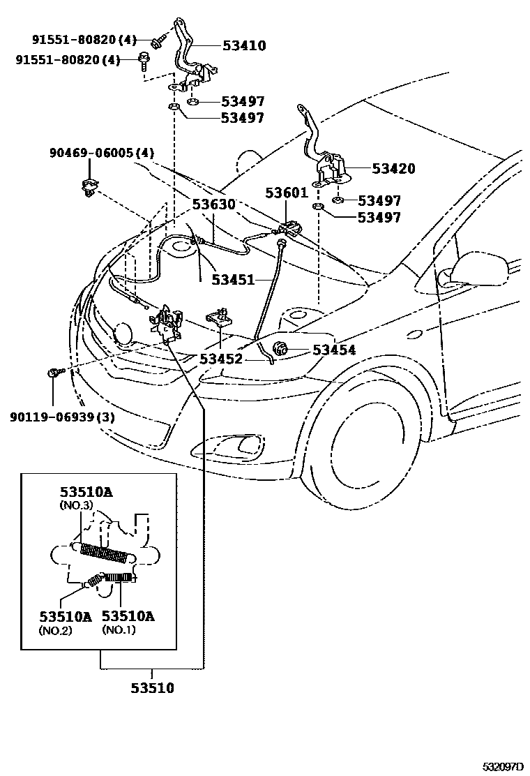 Toyota YARIS 发动机盖锁和铰链 EPC diagram — 532097D