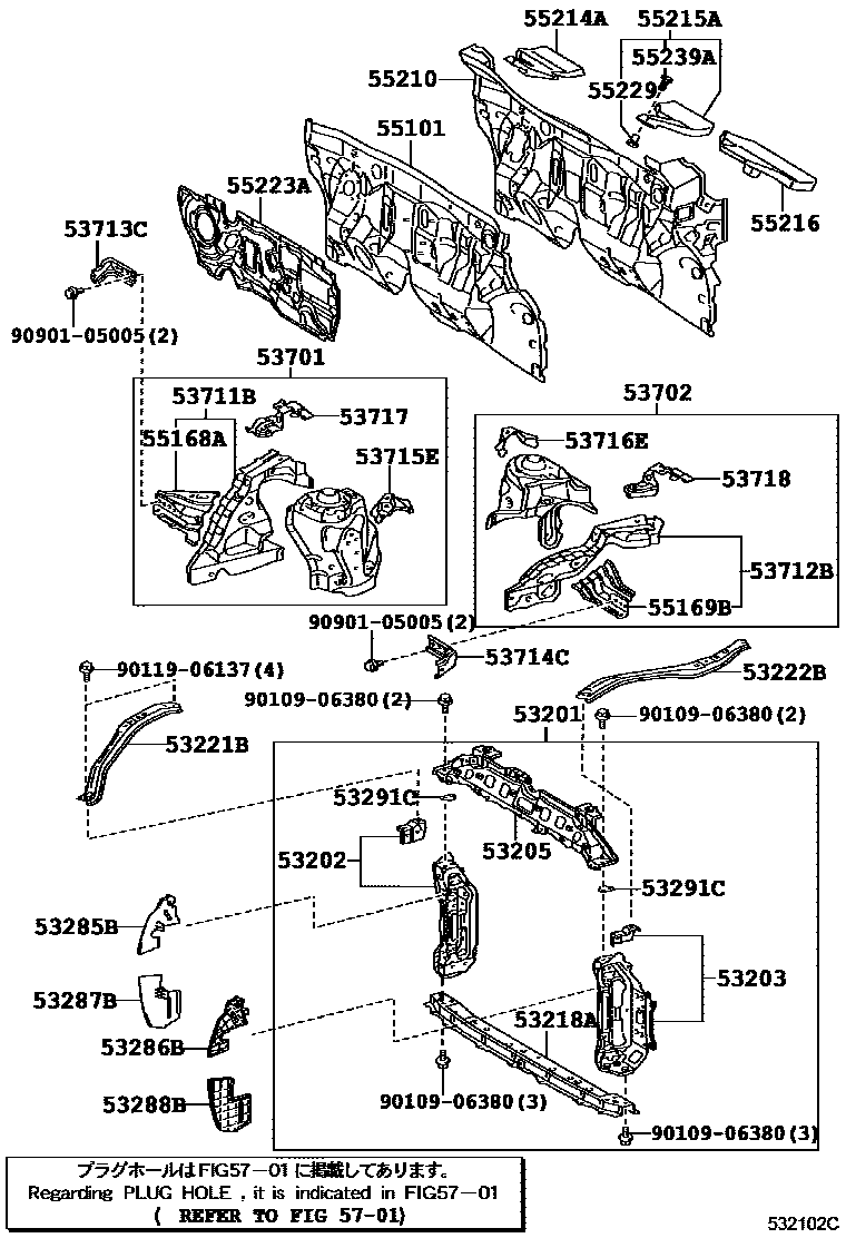 Toyota YARIS 前翼子板挡泥板和前围板 EPC diagram — 532102C