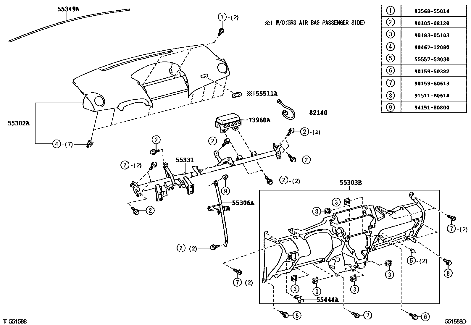 Toyota YARIS 仪表板和手套箱 EPC diagram — 551588D