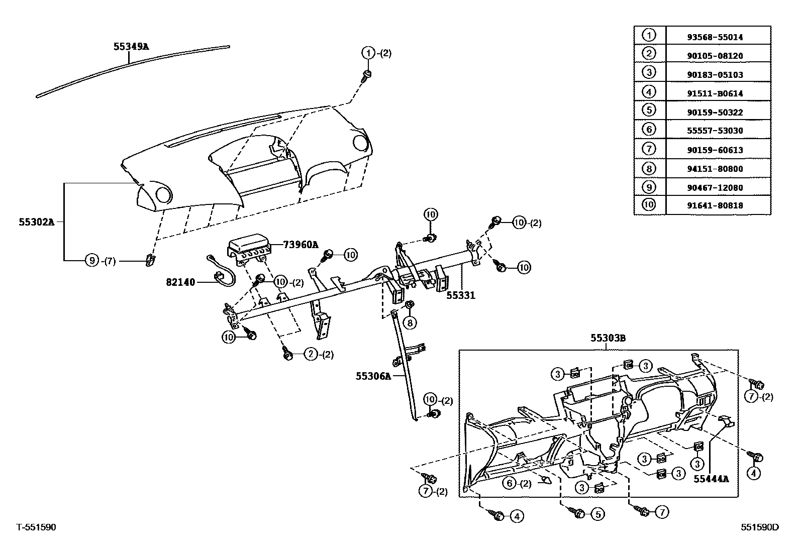 Toyota YARIS 仪表板和手套箱 EPC diagram — 551590D