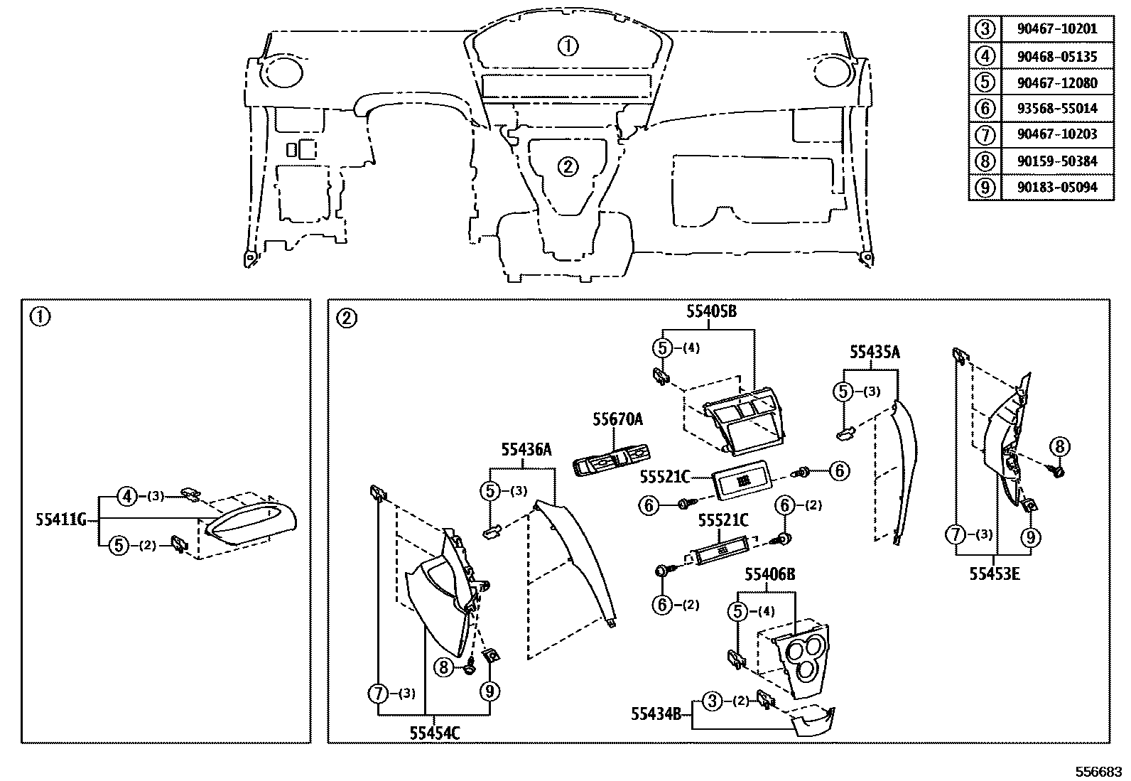 Toyota YARIS 仪表板和手套箱 EPC diagram — 556683