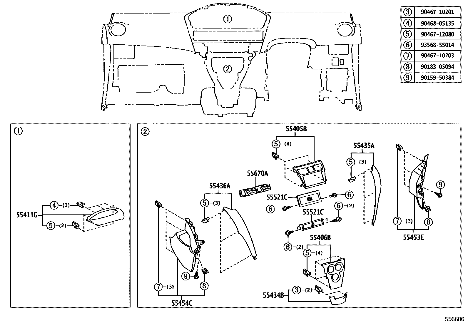 Toyota YARIS 仪表板和手套箱 EPC diagram — 556686