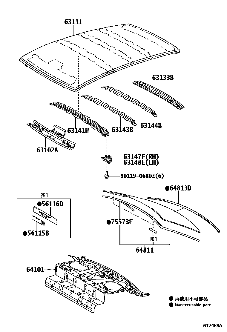 Toyota YARIS 天窗板和背窗玻璃 EPC diagram — 612458A