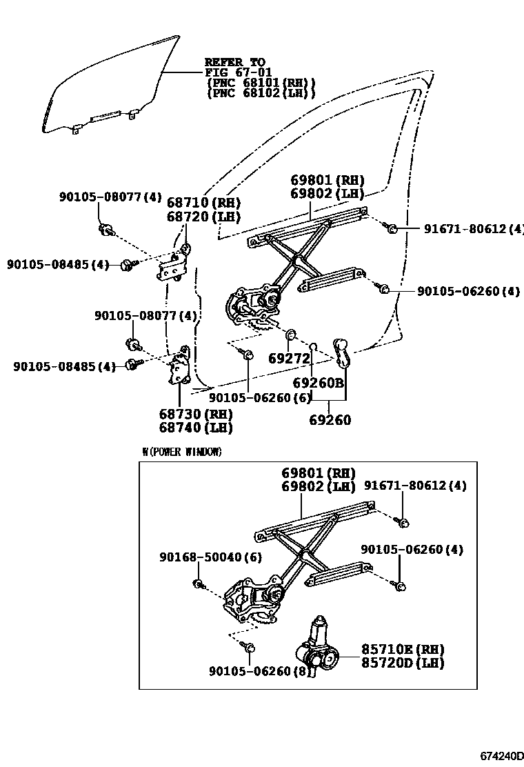 Toyota YARIS 前门车窗升降器和合页 EPC diagram — 674240D
