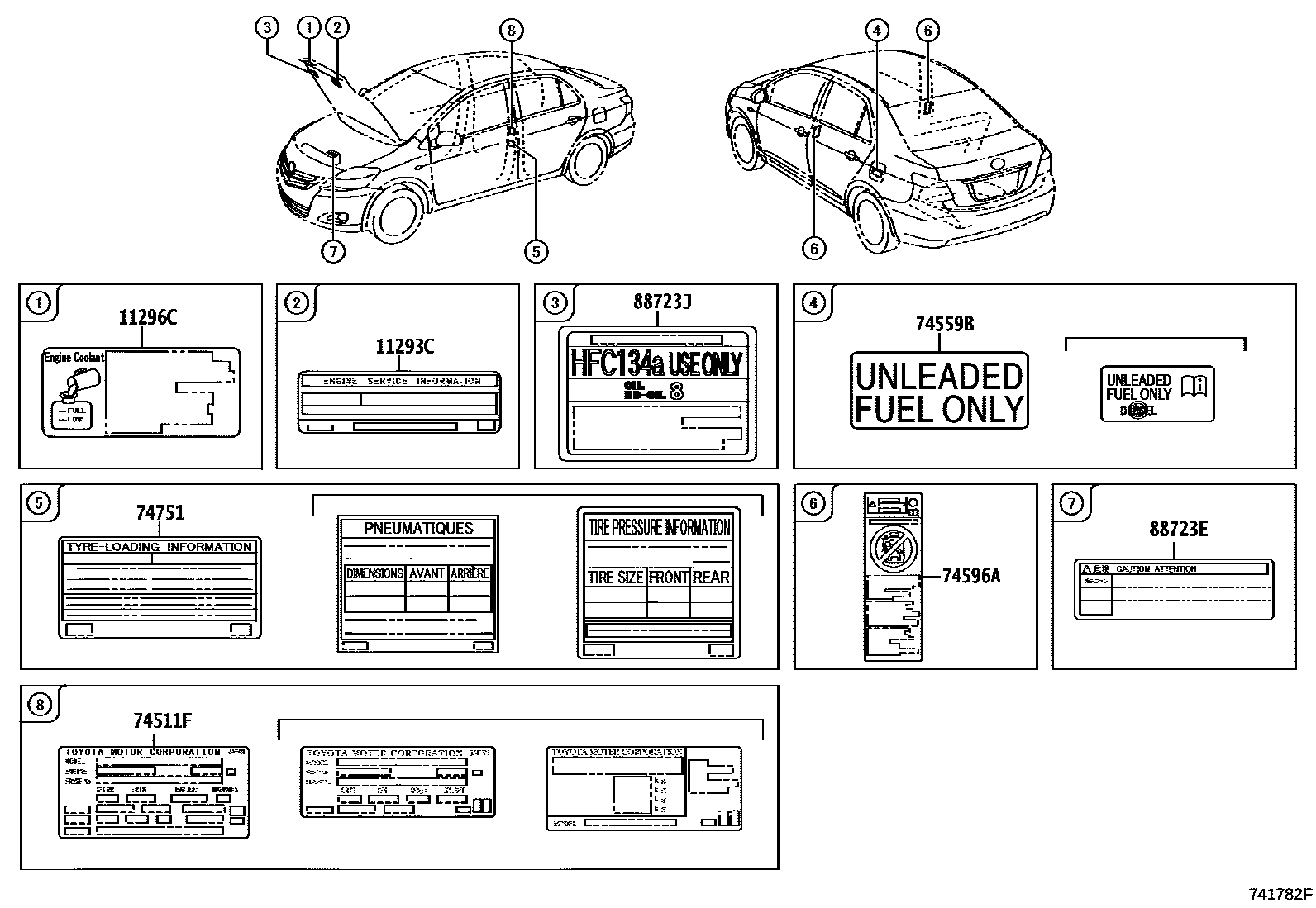 Toyota YARIS 警示铭牌(车外和车内) EPC diagram — 741782F
