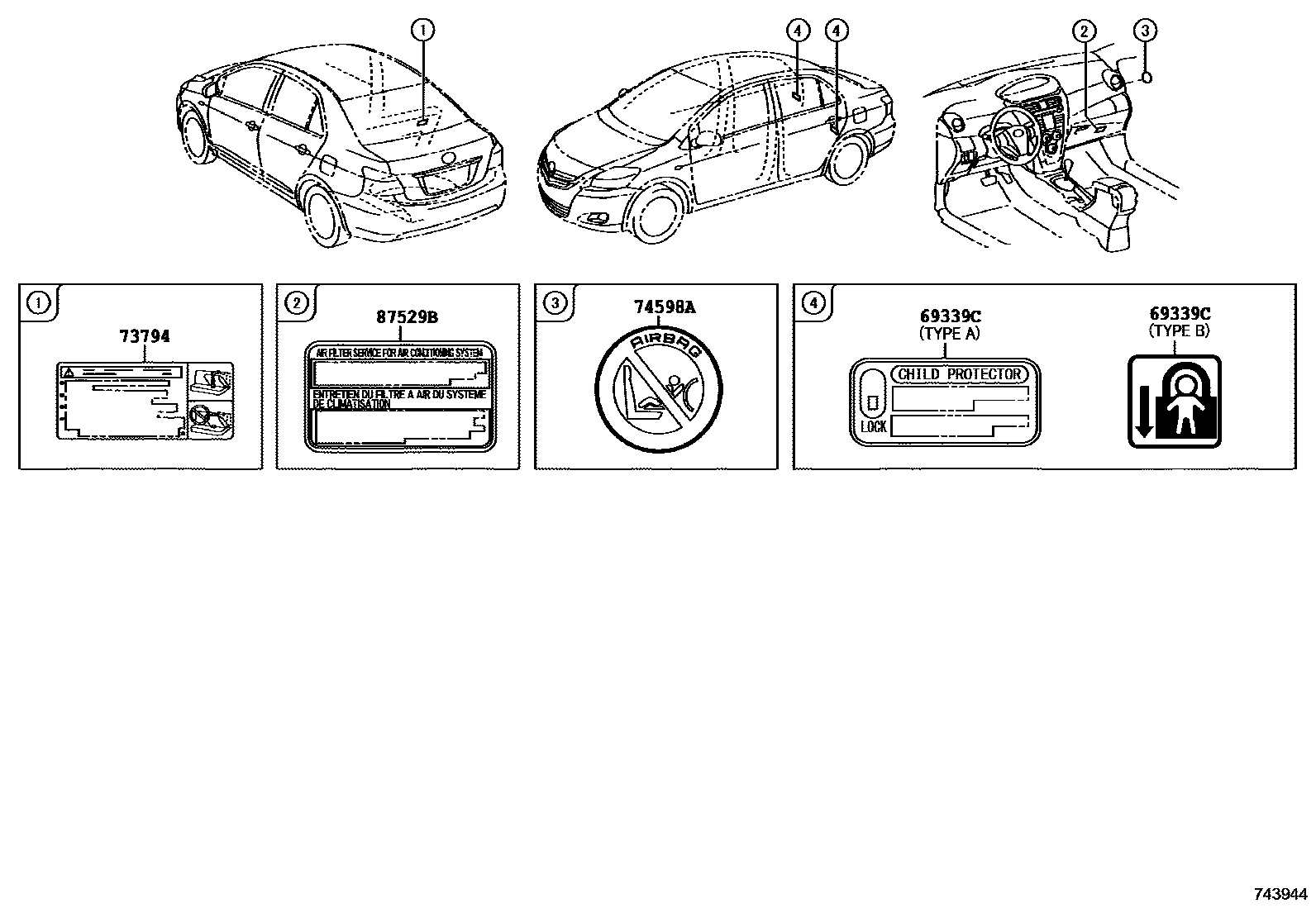 Toyota YARIS 警示铭牌(车外和车内) EPC diagram — 743944