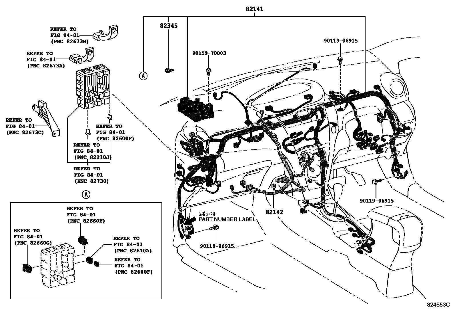 Toyota YARIS 线束和卡夹 EPC diagram — 824653C