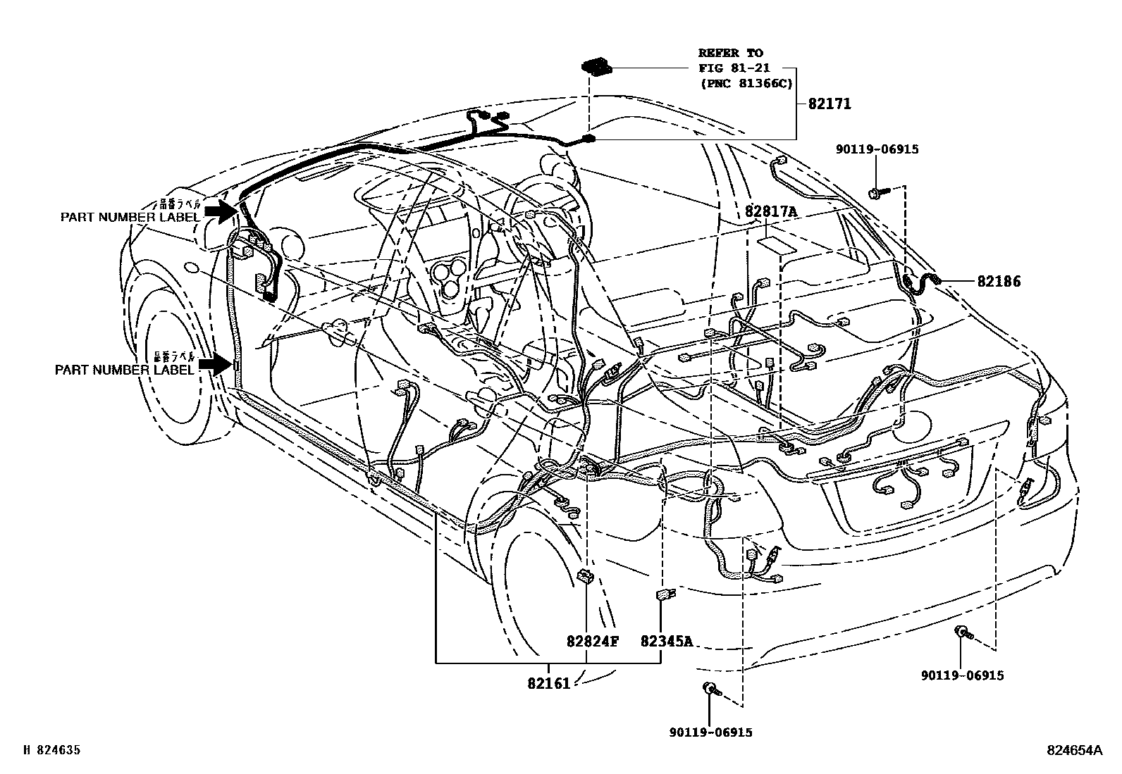 Toyota YARIS 线束和卡夹 EPC diagram — 824654A