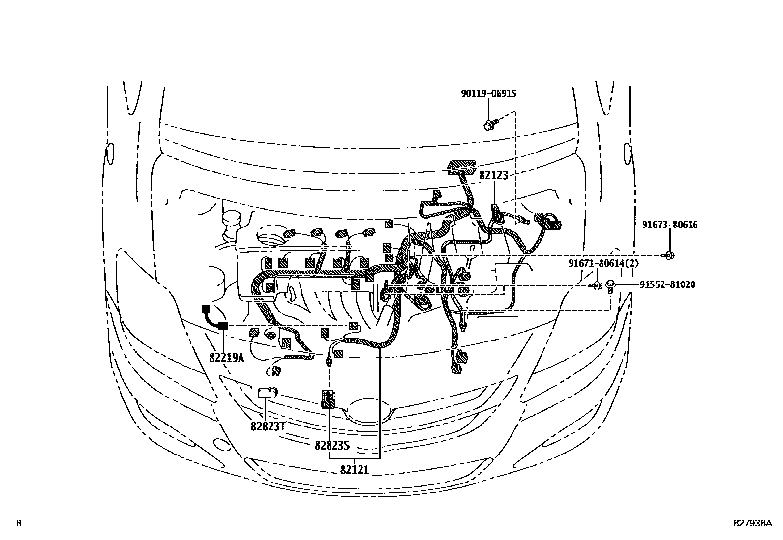 Toyota YARIS 线束和卡夹 EPC diagram — 827938A