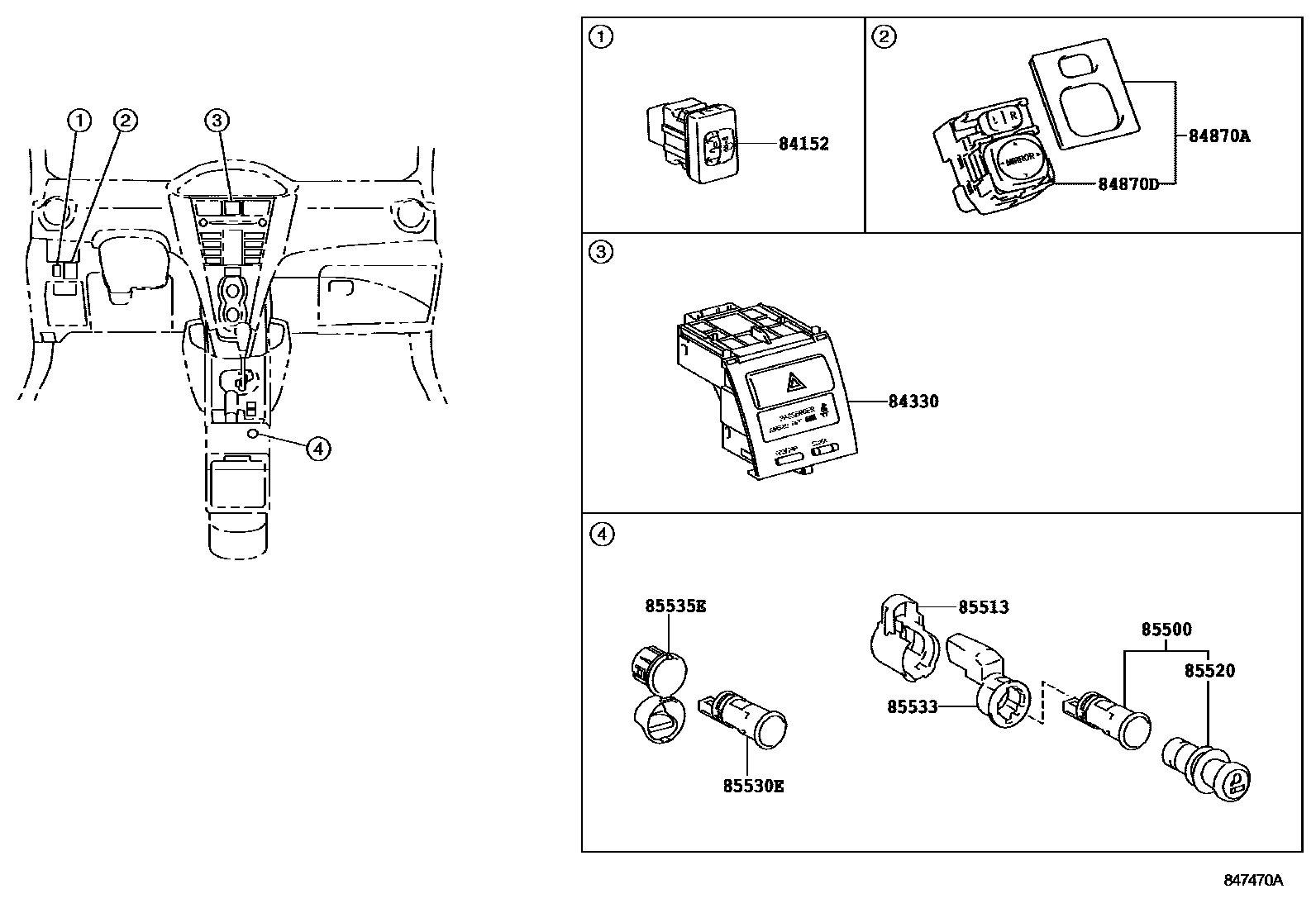 Toyota YARIS 开关和继电器和ECU EPC diagram — 847470A