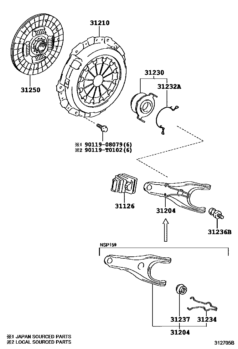 Toyota YARIS 离合器和分离叉 EPC diagram — 312705B