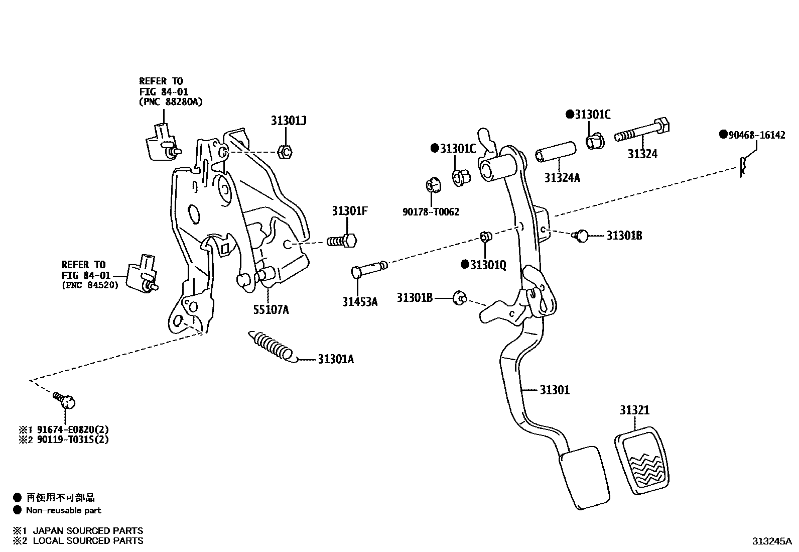 Toyota YARIS 离合器踏板和挠性软管 EPC diagram — 313245A