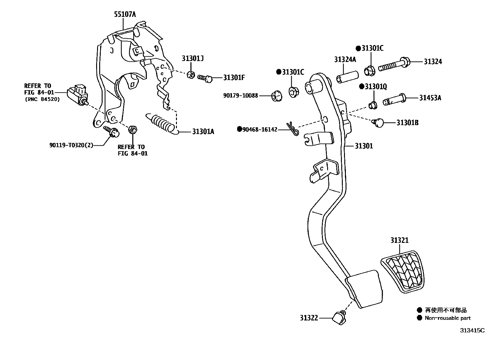 Toyota YARIS 离合器踏板和挠性软管 EPC diagram — 313415C