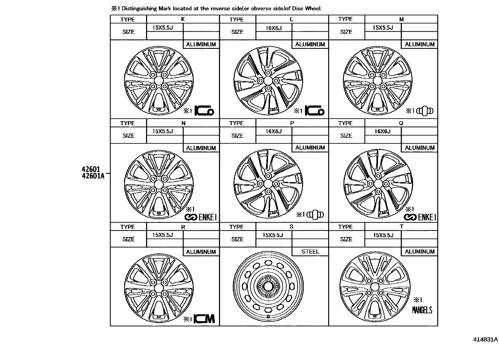Toyota YARIS 车轮和车轮盖 EPC diagram — 414831A