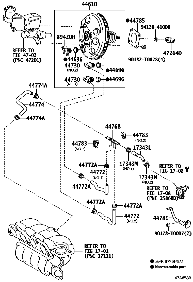 Toyota YARIS 制动助力器和真空管 EPC diagram — 47A858B