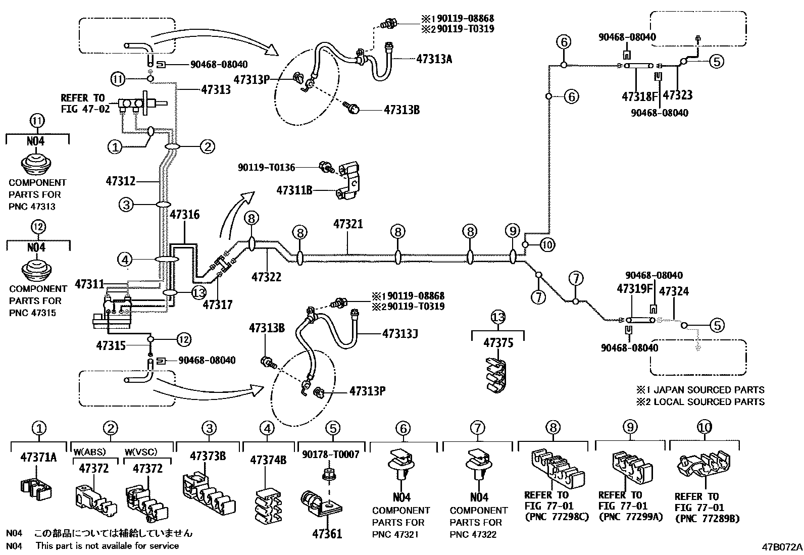 Toyota YARIS 制动配管和卡箍 EPC diagram — 47B072A