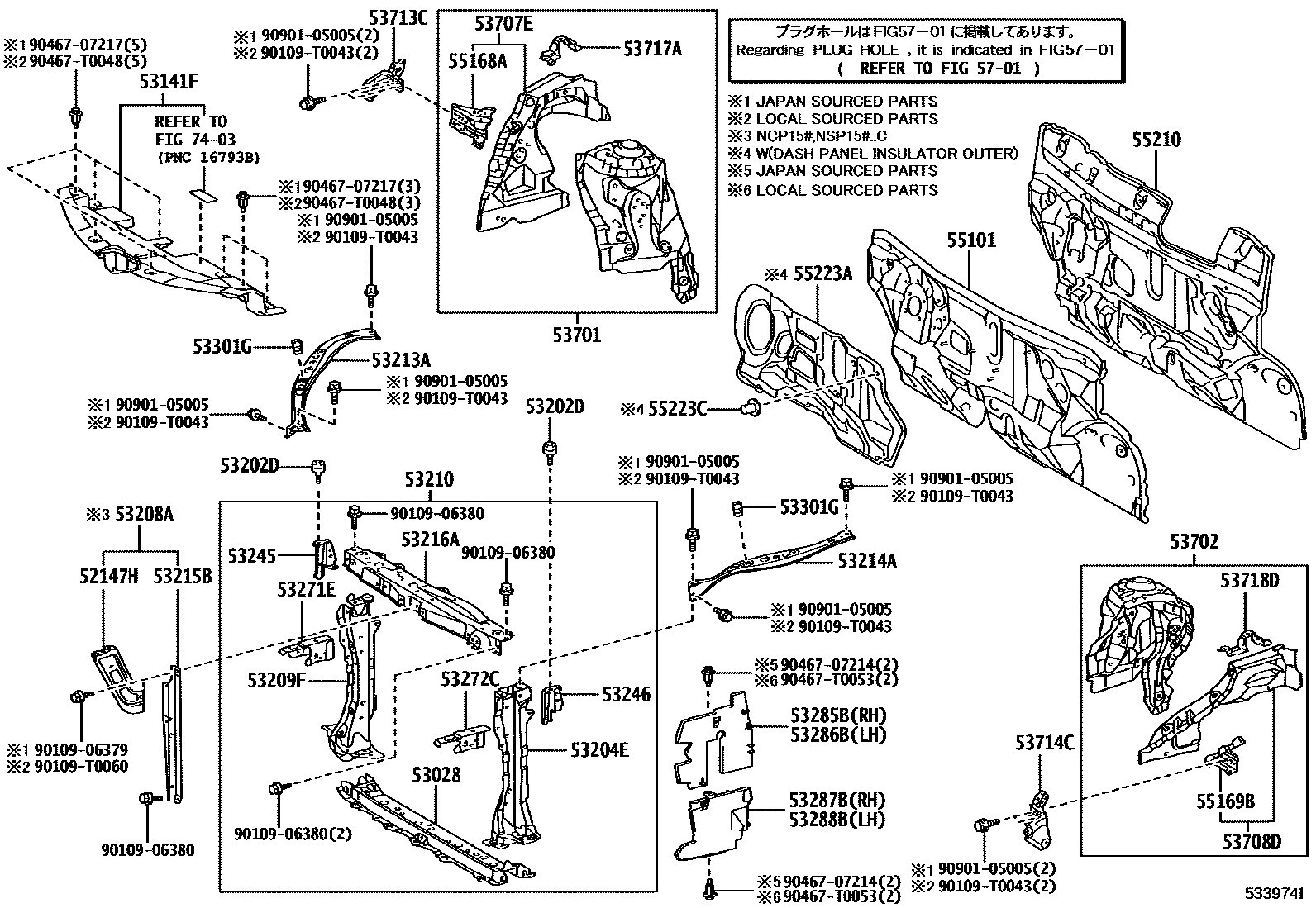 Toyota YARIS 前翼子板挡泥板和前围板 EPC diagram — 533974I