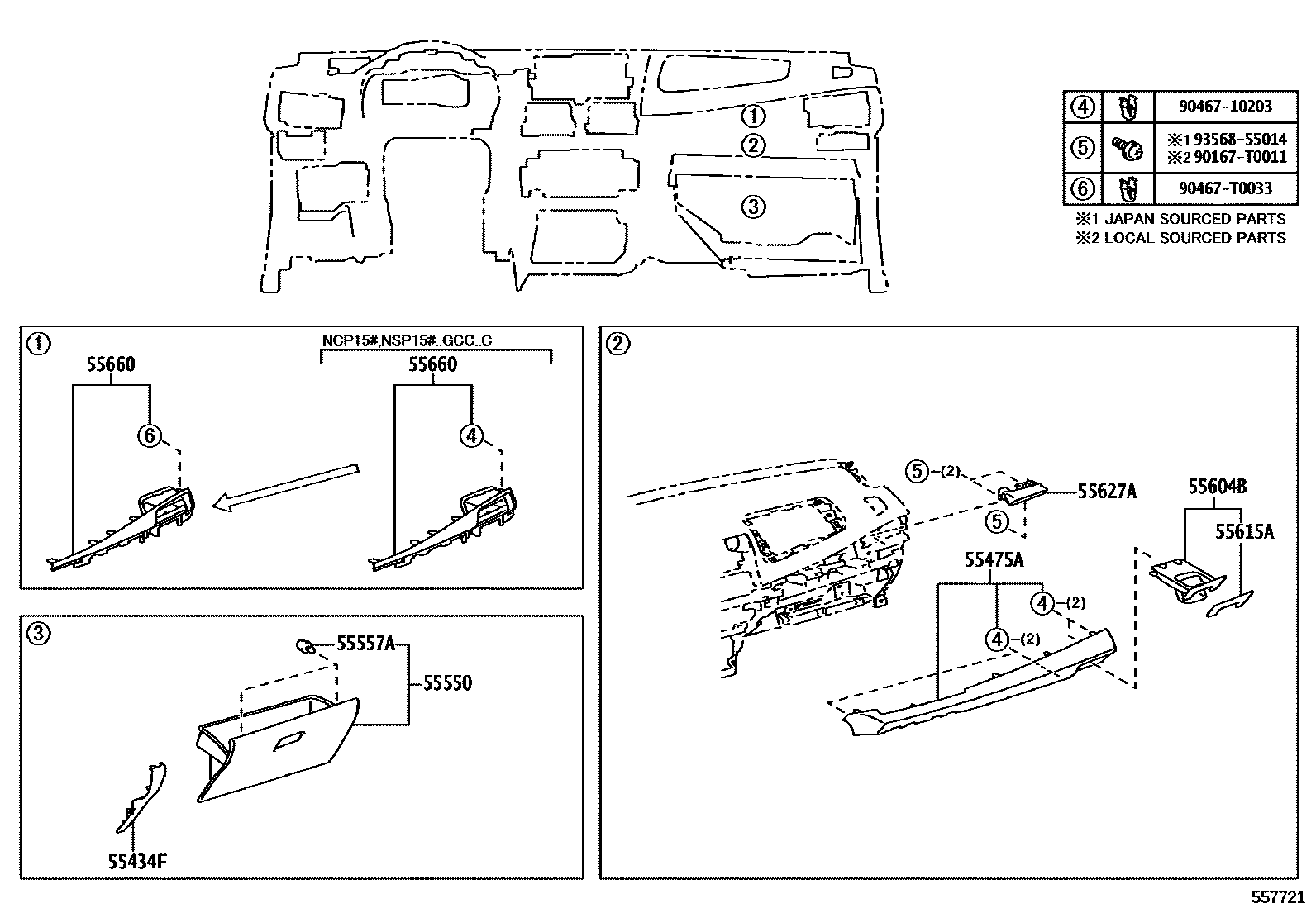 Toyota YARIS 仪表板和手套箱 EPC diagram — 557721