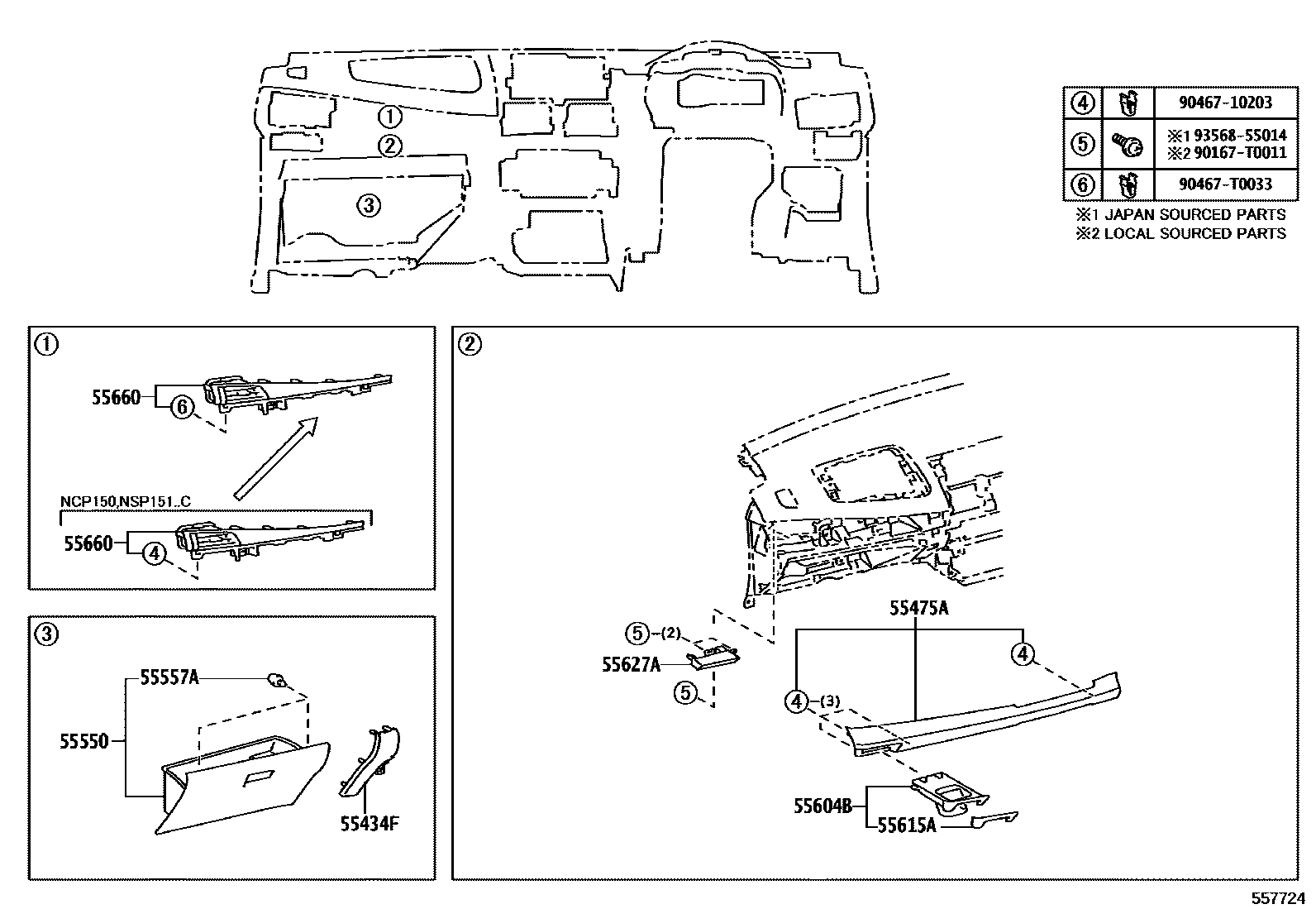 Toyota YARIS 仪表板和手套箱 EPC diagram — 557724