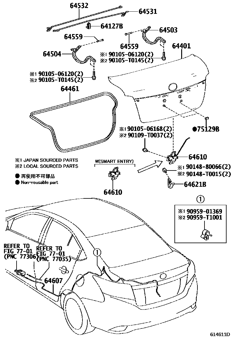 Toyota YARIS 行李箱门和行李箱锁 EPC diagram — 614611D