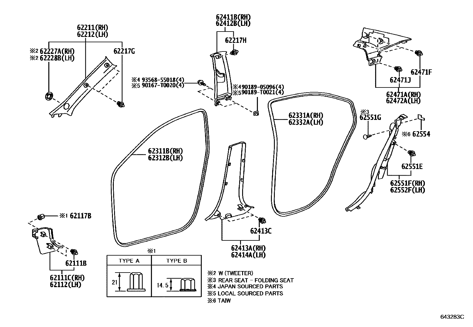 Toyota YARIS 内饰板和车门防水胶条 EPC diagram — 643283C